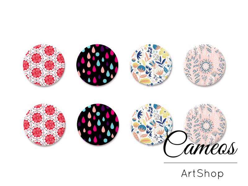 8 pieces round glass cabochons 8mm up to 18mm, Retro Motive- C1118 - Cameos Art Shop