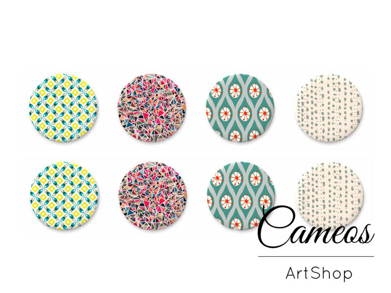 8 pieces round glass cabochons 8mm up to 18mm, Geometric Motive- C1509 - Cameos Art Shop