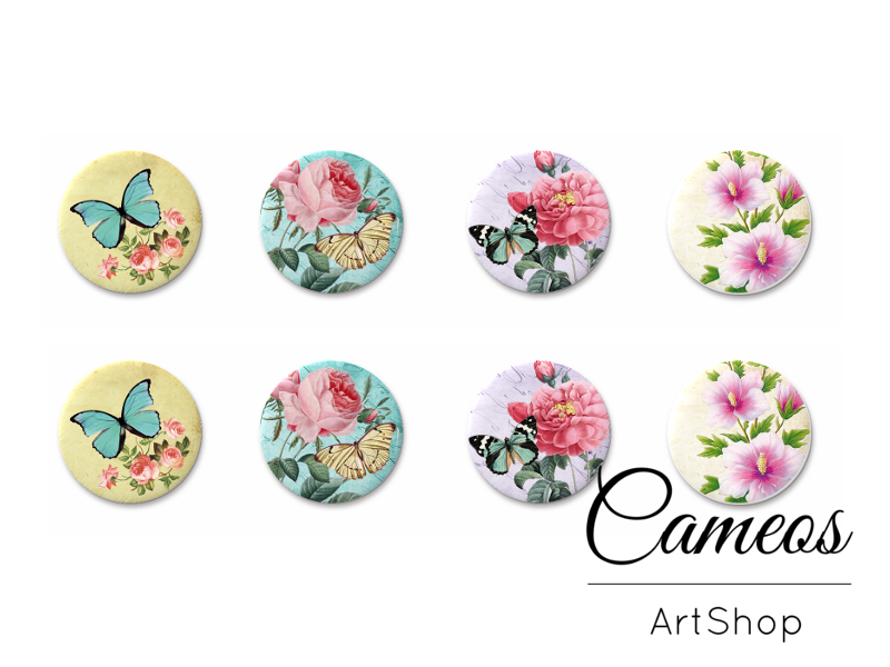 8 pieces round glass cabochons 8mm up to 18mm, Butterfly Motive- C1525 - Cameos Art Shop
