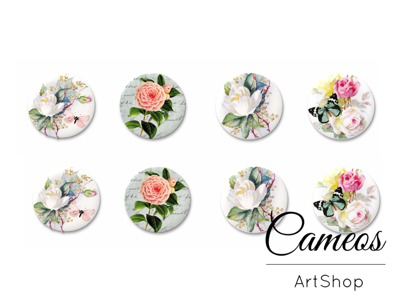 8 pieces round glass cabochons 8mm up to 18mm, Butterfly Motive- C1526 - Cameos Art Shop