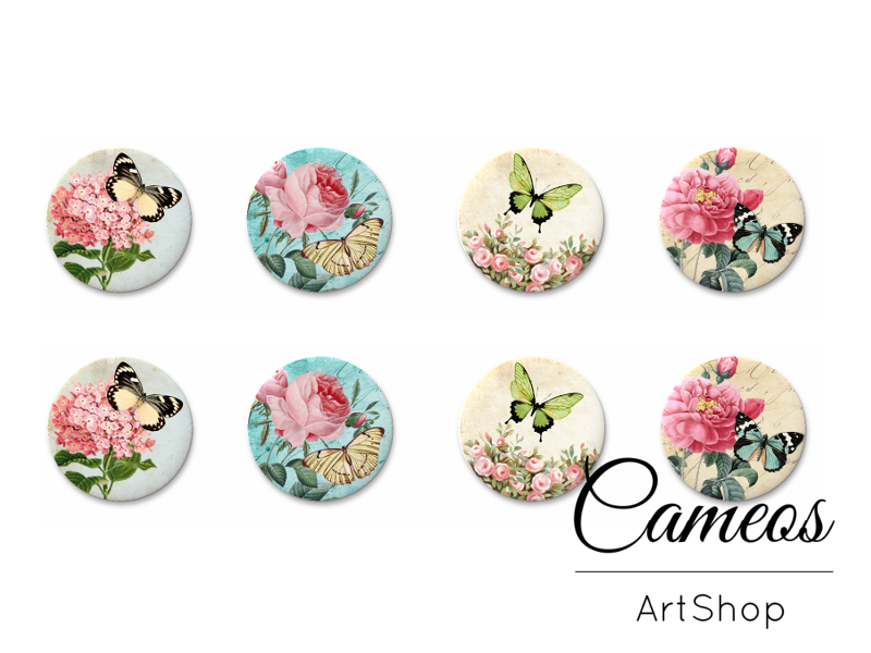 8 pieces round glass cabochons 8mm up to 18mm, Butterfly Motive- C1527 - Cameos Art Shop