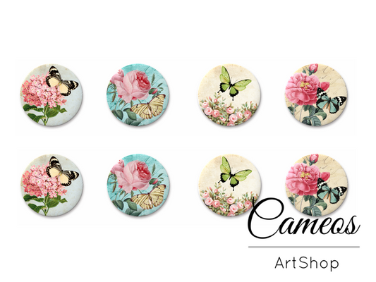 8 pieces round glass cabochons 8mm up to 18mm, Butterfly Motive- C1527 - Cameos Art Shop