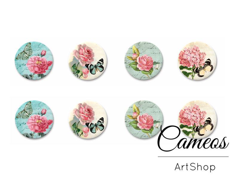 8 pieces round glass cabochons 8mm up to 18mm, Butterfly Motive- C1528 - Cameos Art Shop