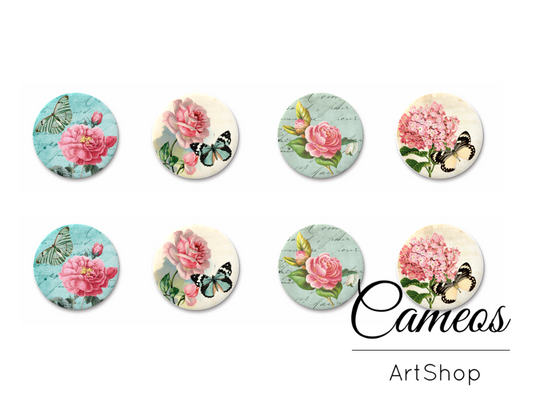 8 pieces round glass cabochons 8mm up to 18mm, Butterfly Motive- C1528 - Cameos Art Shop