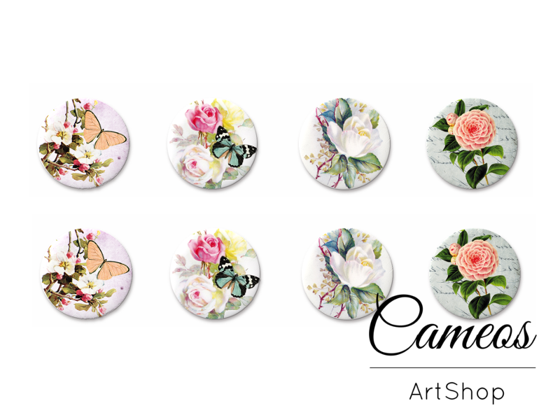 8 pieces round glass cabochons 8mm up to 18mm, Butterfly Motive- C1529 - Cameos Art Shop