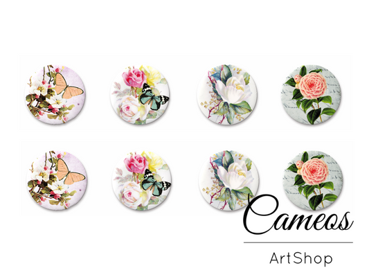 8 pieces round glass cabochons 8mm up to 18mm, Butterfly Motive- C1529 - Cameos Art Shop