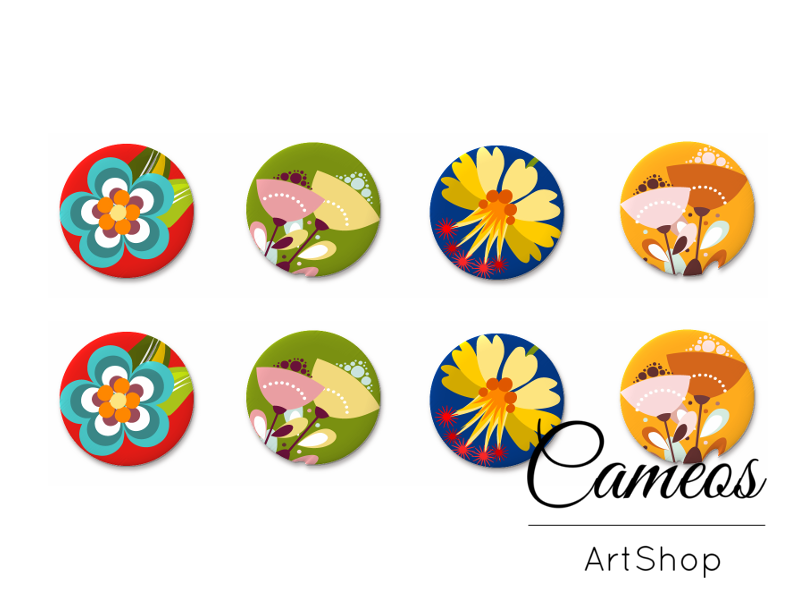 8 pieces round glass cabochons 8mm up to 18mm, Floral Motive- C1531 - Cameos Art Shop