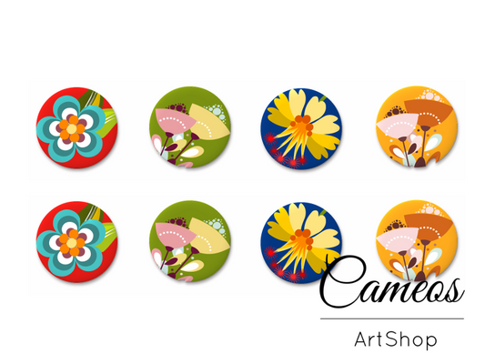 8 pieces round glass cabochons 8mm up to 18mm, Floral Motive- C1531 - Cameos Art Shop