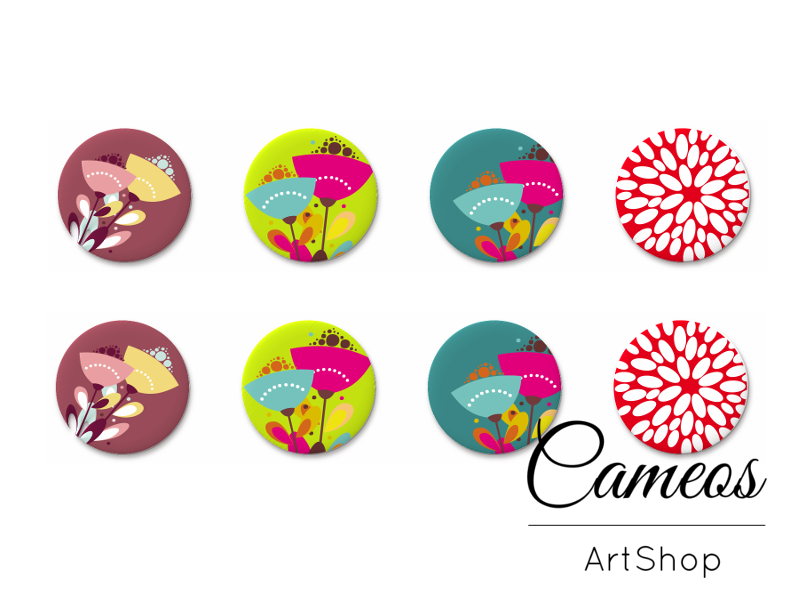 8 pieces round glass cabochons 8mm up to 18mm, Floral Motive- C1532 - Cameos Art Shop