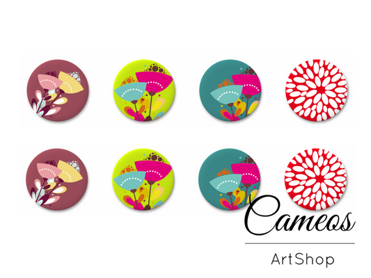 8 pieces round glass cabochons 8mm up to 18mm, Floral Motive- C1532 - Cameos Art Shop