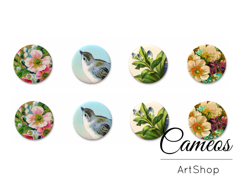 8 pieces round glass cabochons 8mm up to 18mm, Flowers Motive- C1537 - Cameos Art Shop