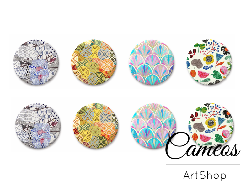 8 pieces round glass cabochons 8mm up to 18mm, Retro Motive- C1545 - Cameos Art Shop