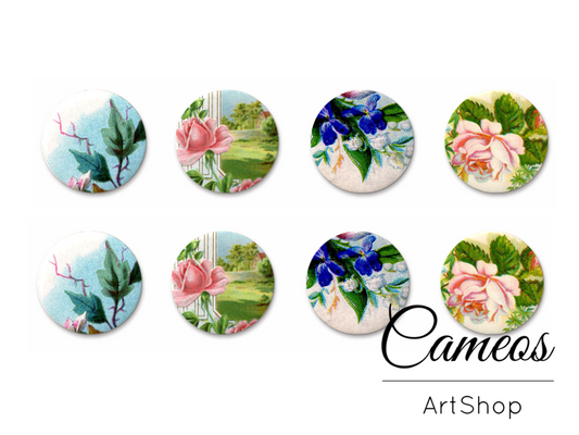 8 pieces round glass cabochons 8mm up to 18mm, Flowers Motive- C1550 - Cameos Art Shop