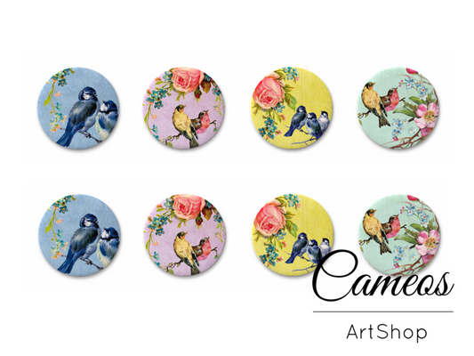 8 pieces round glass cabochons 8mm up to 18mm, Birdss Motive- C1554 - Cameos Art Shop