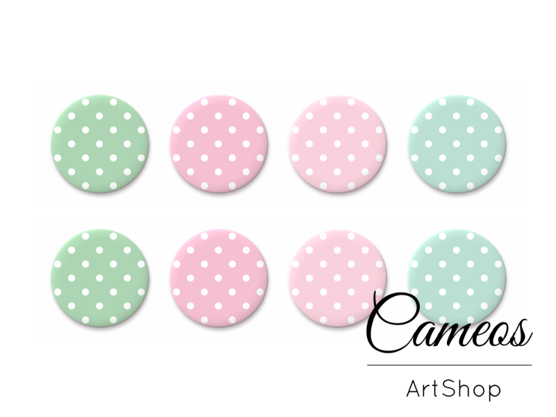 8 pieces round glass dome cabochons 8mm up to 18mm, Pastel Dots Motive- C1564 - Cameos Art Shop