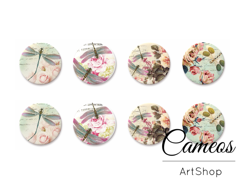 8 pieces round glass dome cabochons 8mm up to 18mm, Dragonfly Motive- C1566 - Cameos Art Shop