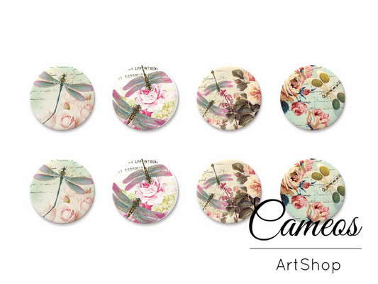 8 pieces round glass dome cabochons 8mm up to 18mm, Dragonfly Motive- C1566 - Cameos Art Shop