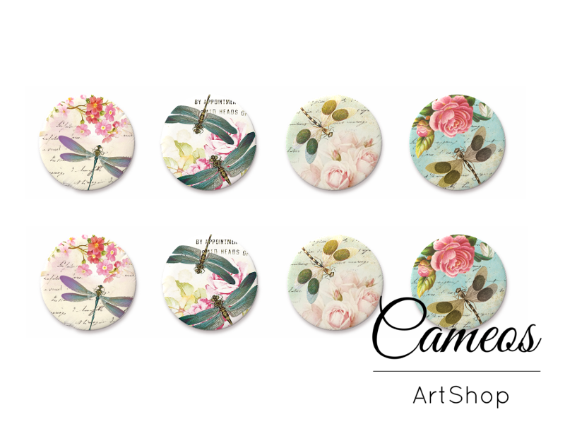 8 pieces round glass dome cabochons 8mm up to 18mm, Dragonfly Motive- C1567 - Cameos Art Shop