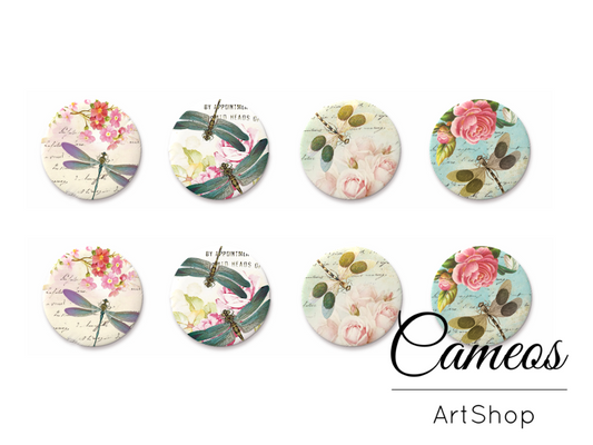 8 pieces round glass dome cabochons 8mm up to 18mm, Dragonfly Motive- C1567 - Cameos Art Shop