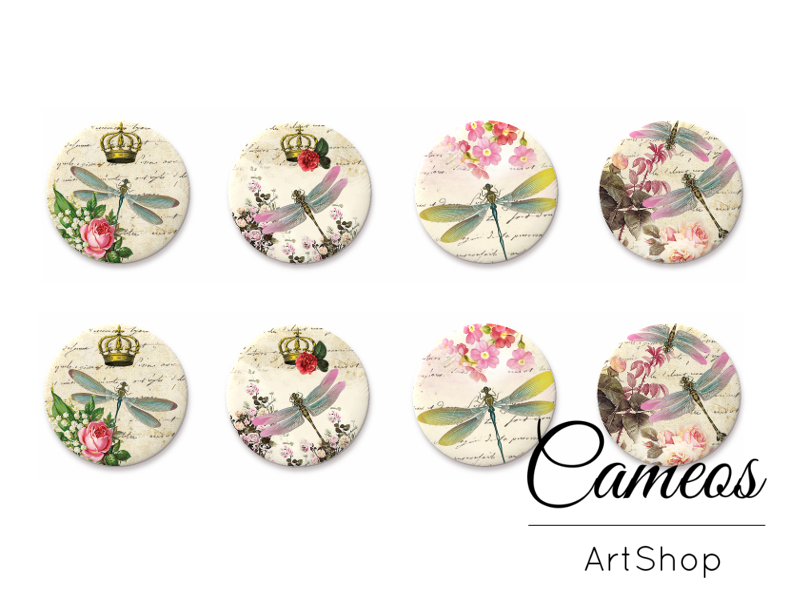 8 pieces round glass dome cabochons 8mm up to 18mm, Floral Motive- C1576 - Cameos Art Shop