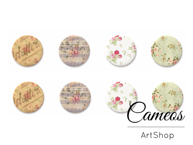 8 pieces round glass dome cabochons 8mm up to 18mm, Flowers Motive- C1578 - Cameos Art Shop