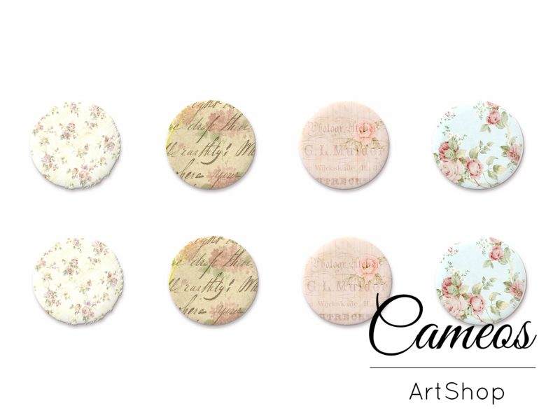 8 pieces round glass dome cabochons 8mm up to 18mm, Flowers Motive- C1579 - Cameos Art Shop