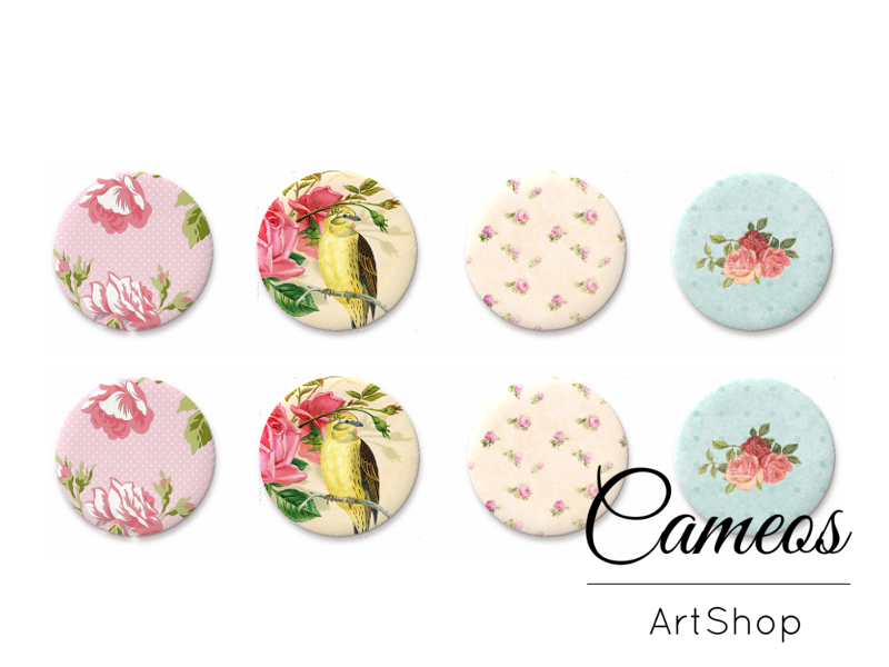 8 pieces round glass dome cabochons 8mm up to 18mm, Vintage Motive- C1588 - Cameos Art Shop