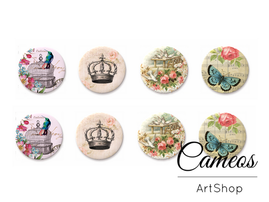 8 pieces round glass dome cabochons 8mm up to 18mm, Vintage Motive- C1589 - Cameos Art Shop