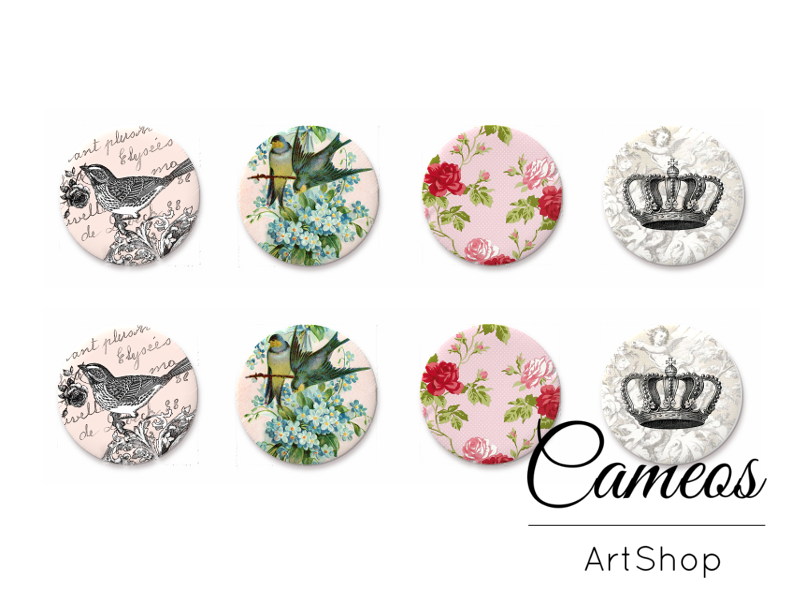 8 pieces round glass dome cabochons 8mm up to 18mm, Vintage Motive- C1590 - Cameos Art Shop