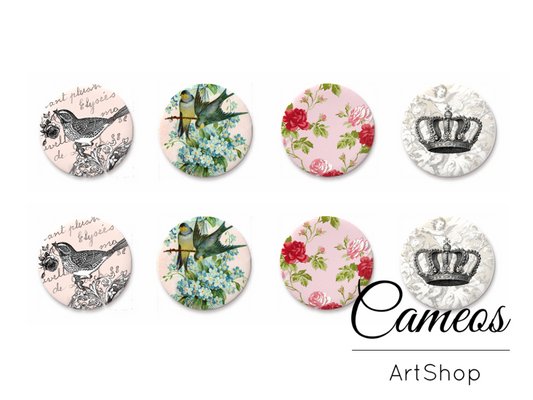 8 pieces round glass dome cabochons 8mm up to 18mm, Vintage Motive- C1590 - Cameos Art Shop