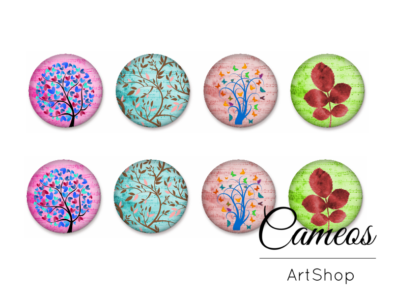 8 pieces round glass dome cabochons 8mm up to 18mm, Tree Motive- C1591 - Cameos Art Shop