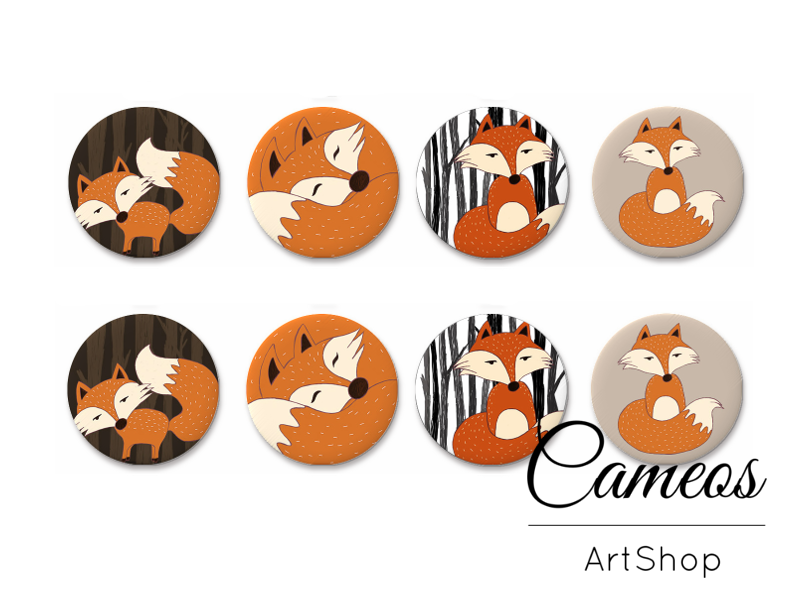8 pieces round glass dome cabochons 8mm up to 18mm, Fox Motive- C1597 - Cameos Art Shop