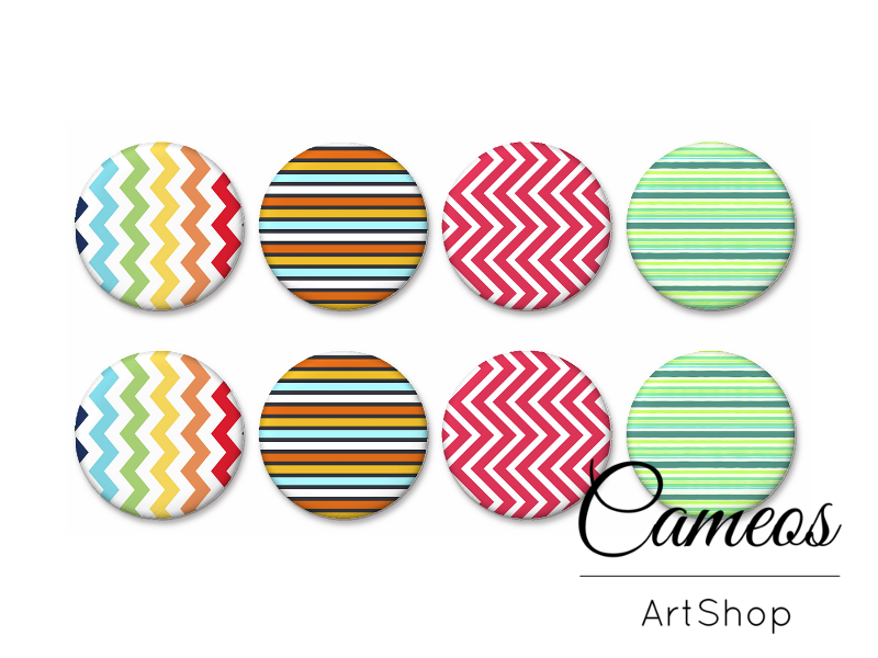 8 pieces round glass dome cabochons 8mm up to 18mm, Chevron Motive- C1598 - Cameos Art Shop