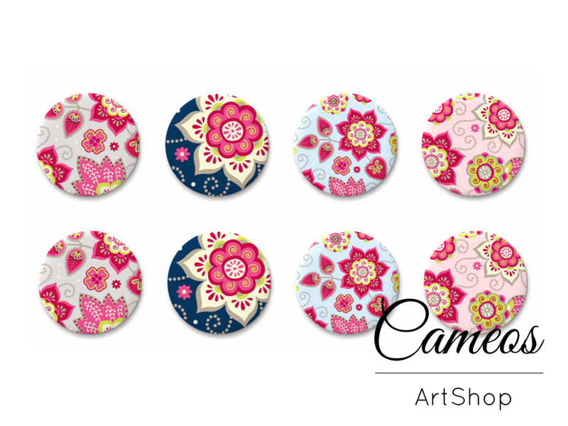 8 pieces round glass dome cabochons 8mm up to 18mm, Floral Motive- C1601 - Cameos Art Shop