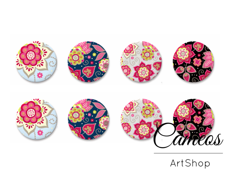 8 pieces round glass dome cabochons 8mm up to 18mm, Floral Motive- C1604 - Cameos Art Shop