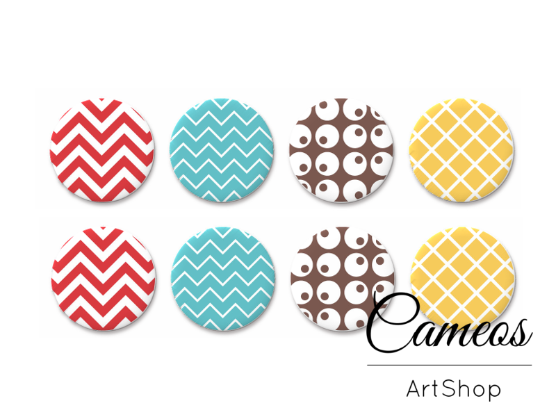 8 pieces round glass dome cabochons 8mm up to 18mm, Geometric Motive- C1608 - Cameos Art Shop