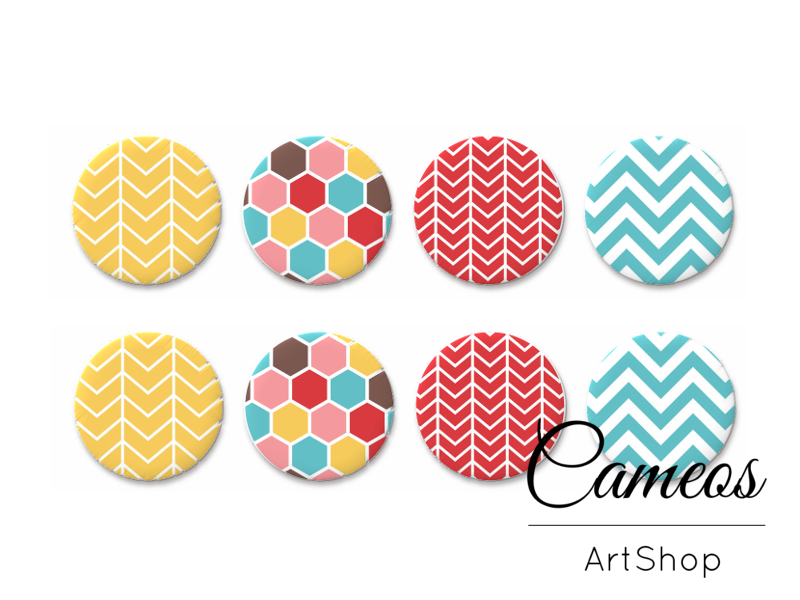 8 pieces round glass dome cabochons 8mm up to 18mm, Geometric Motive- C1610 - Cameos Art Shop