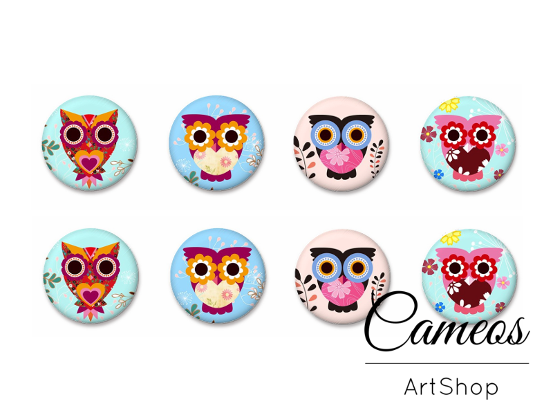 8 pieces round glass cabochons 8mm up to 18mm, Owl Motive- C1622 - Cameos Art Shop
