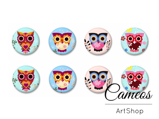 8 pieces round glass cabochons 8mm up to 18mm, Owl Motive- C1622 - Cameos Art Shop