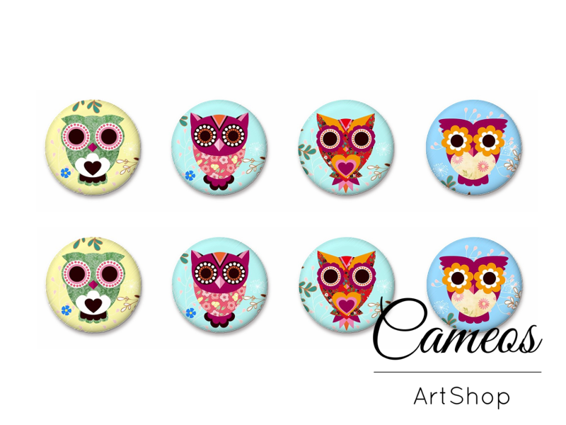 8 pieces round glass dome cabochons 8mm up to 18mm, Owl Motive- C1623 - Cameos Art Shop