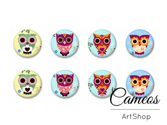 8 pieces round glass dome cabochons 8mm up to 18mm, Owl Motive- C1623 - Cameos Art Shop