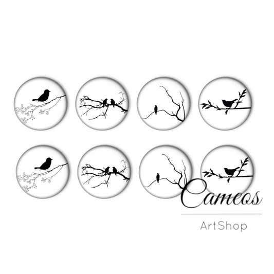 8 pieces round glass cabochons 8mm up to 18mm, Glass Dome, Bird Motive- C1684