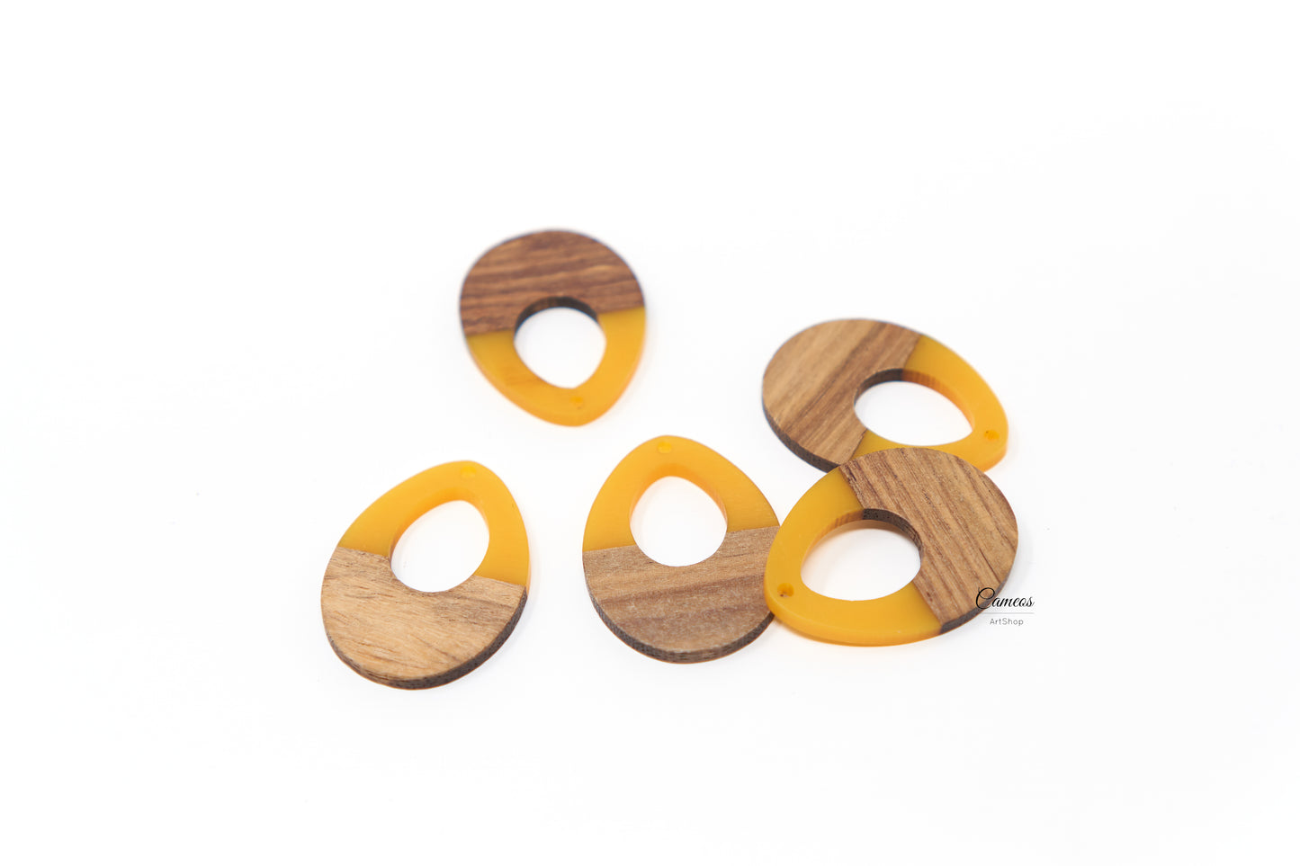 4 pcs Yellow Wood Resin Pendant, Teardrop Wooden Charms, Real wood, Flat Pendant Earring Charm, 37x28mm