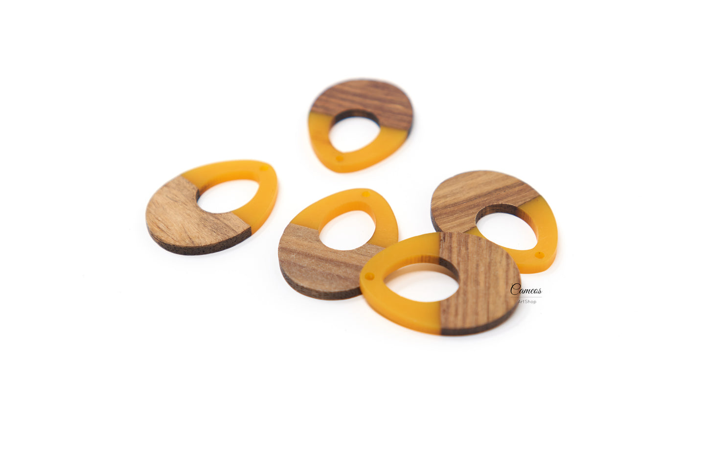 4 pcs Yellow Wood Resin Pendant, Teardrop Wooden Charms, Real wood, Flat Pendant Earring Charm, 37x28mm