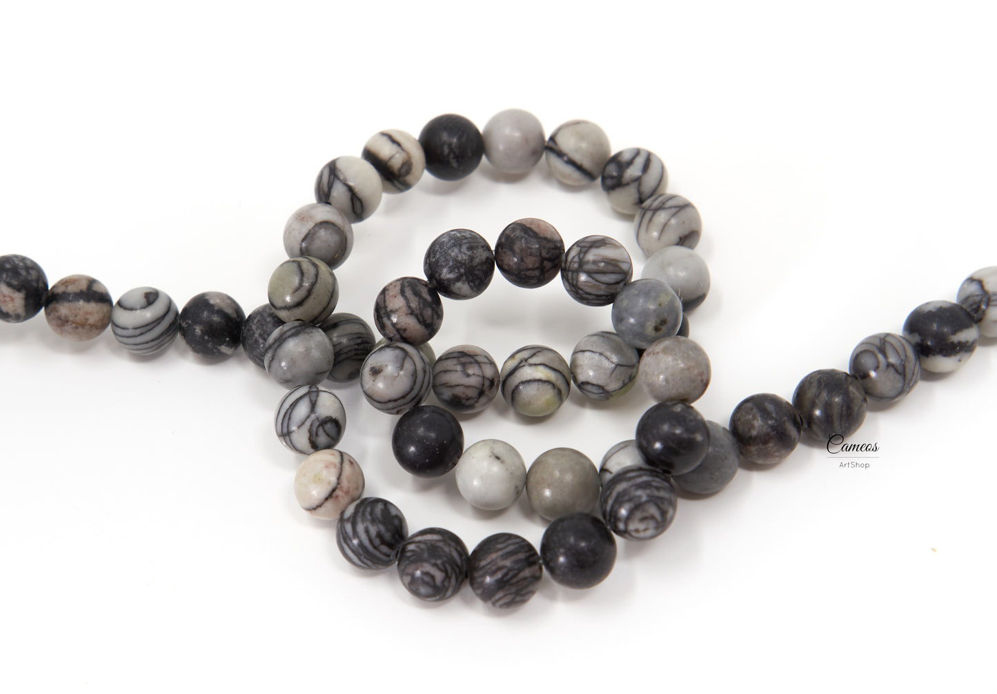 Black Silk Netstone Beads, 8mm Black and White Beads, Natural Gemstone Beads, 10 pcs