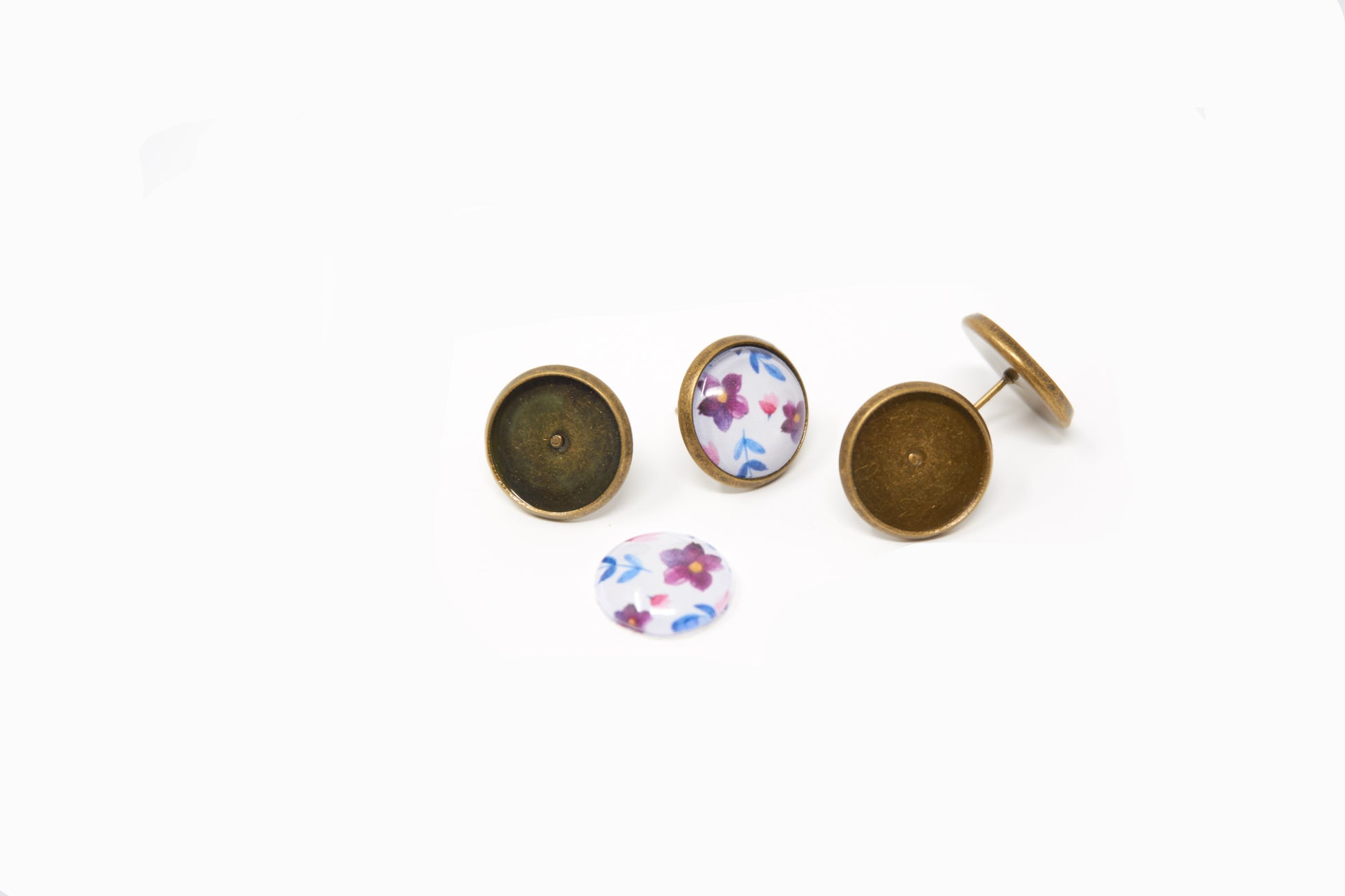 Ear stud earring tray Antique Bronze for 14mm Cabochons 10 pieces - Cameos Art Shop