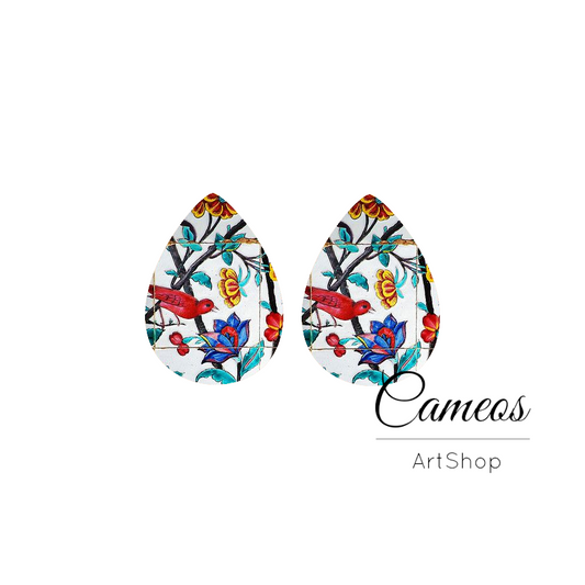 2 pcs Birds, Handmade Teardrop Photo Glass Cabochon, Glass Dome Cabochons, 18x25mm Pattern Cabochon Resin Charm- DZ02