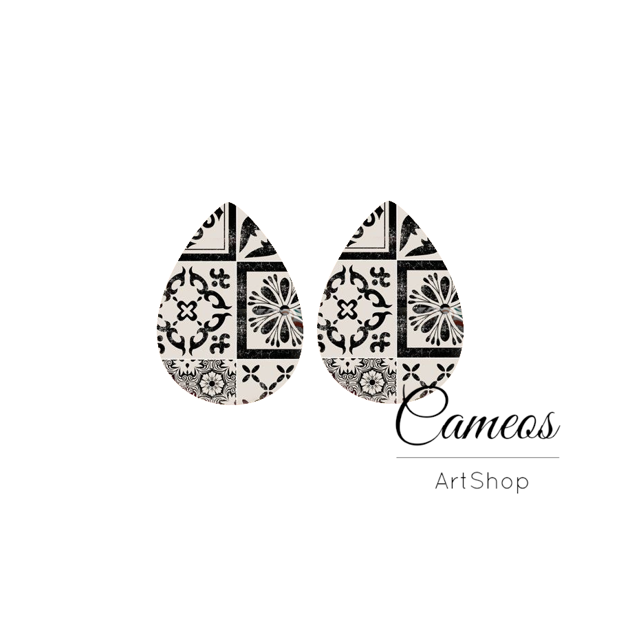 2 pcs Black Tile, Handmade Teardrop Photo Glass Cabochon, Glass Dome Cabochons, 18x25mm Pattern Cabochon Resin Charm- DZ03