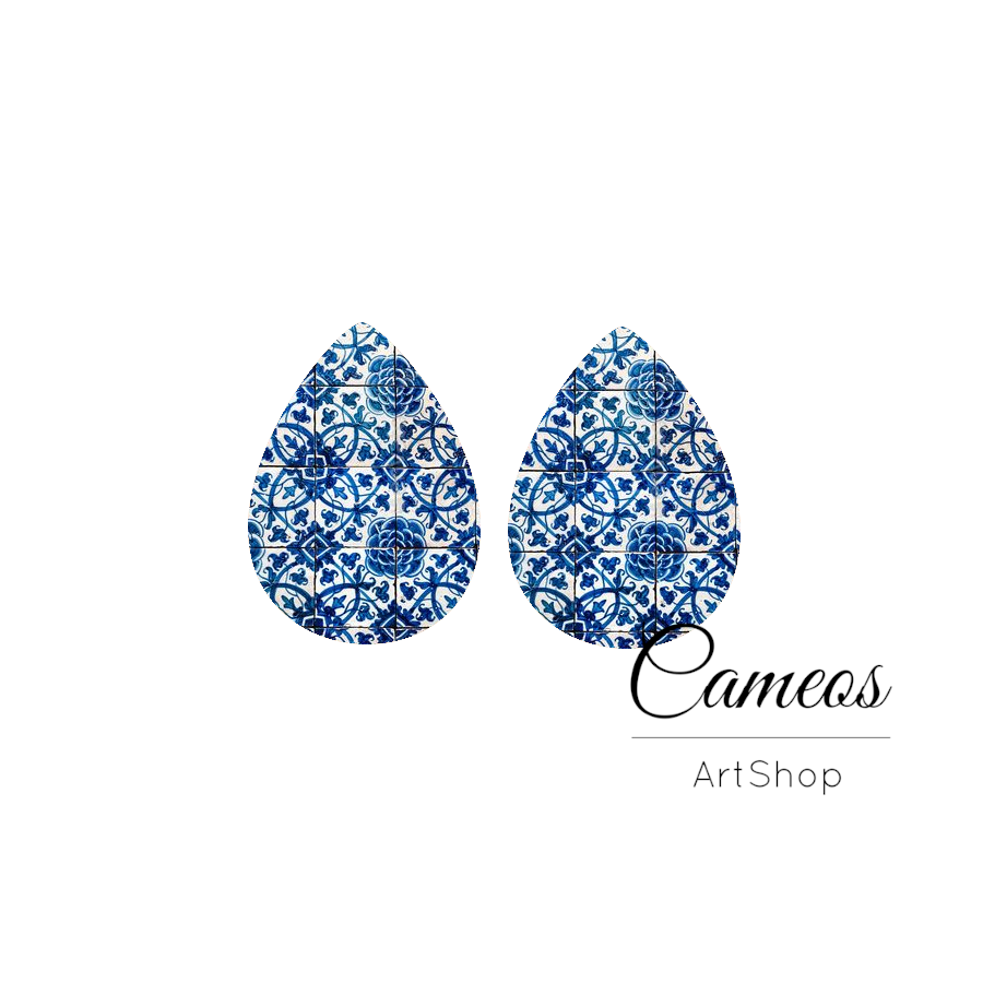 2 pcs Blue Tile Handmade Teardrop Photo Glass Cabochon, Glass Dome Cabochons, 18x25mm Pattern Cabochon Resin Charm- DZ06