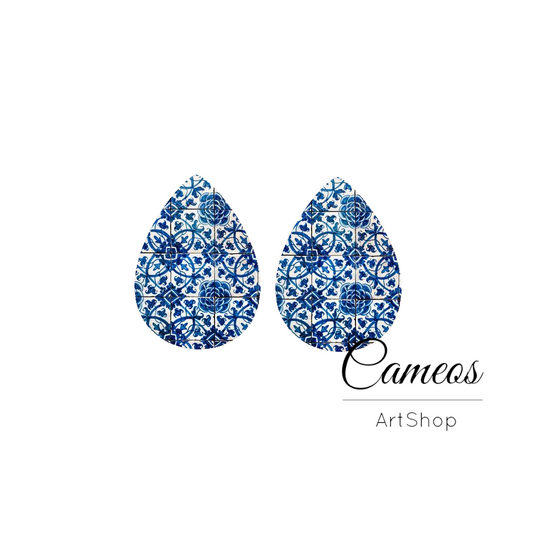 2 pcs Blue Tile Handmade Teardrop Photo Glass Cabochon, Glass Dome Cabochons, 18x25mm Pattern Cabochon Resin Charm- DZ06